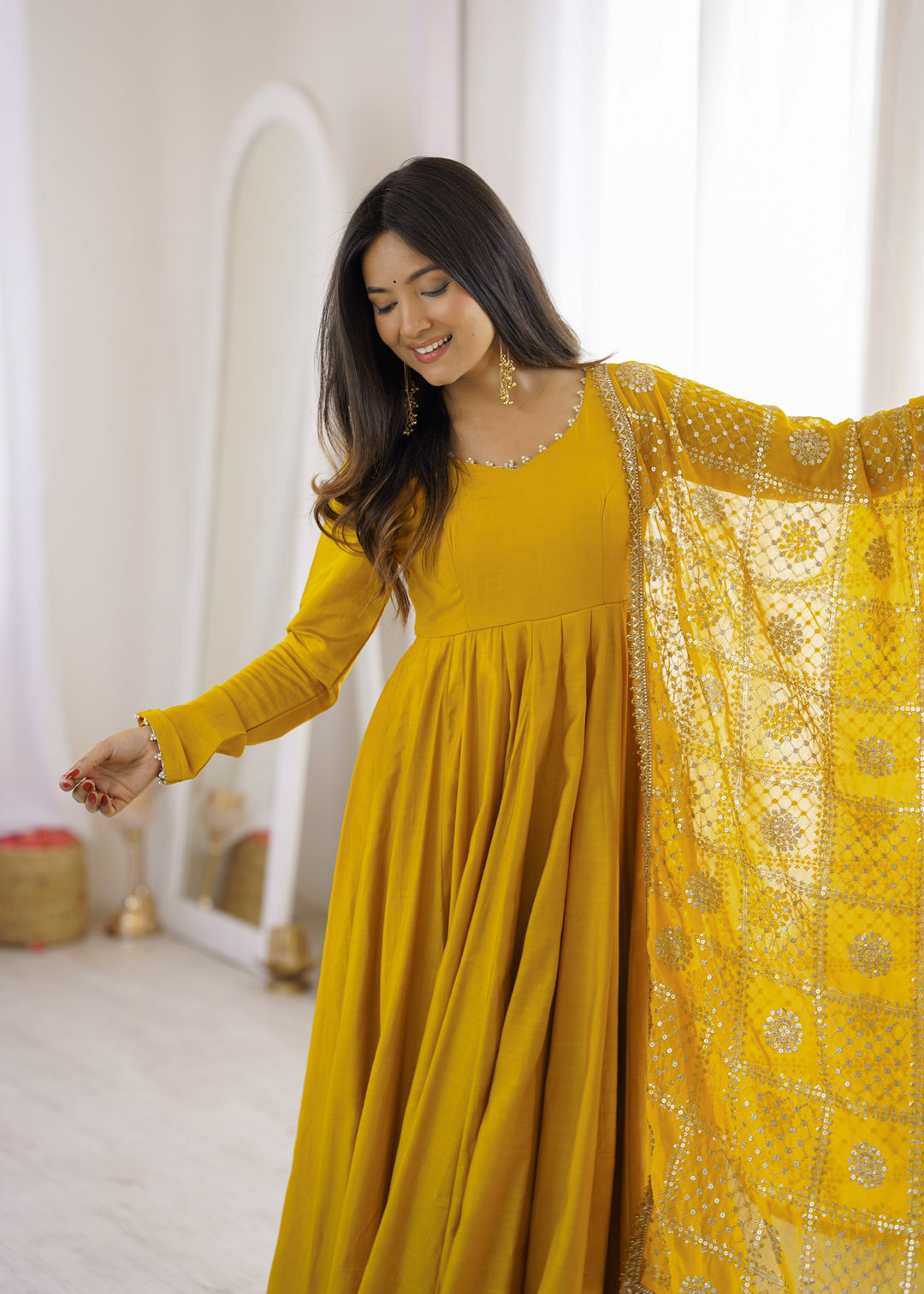Yellow Roman Silk Anarkali Gown