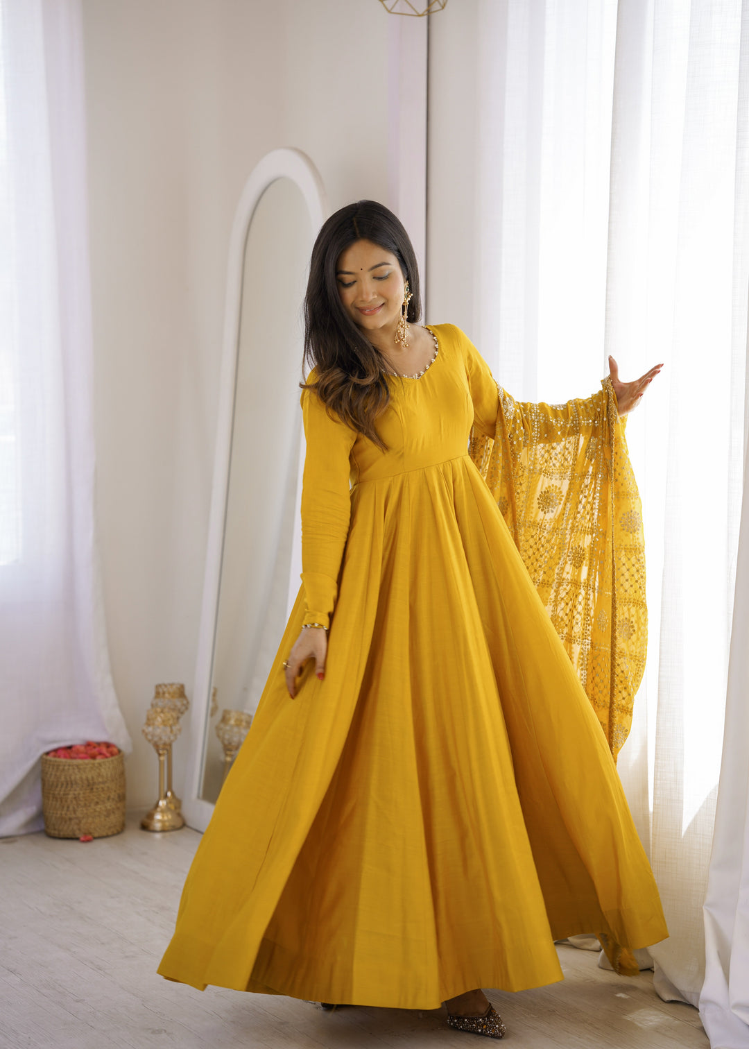Yellow Roman Silk Anarkali Gown