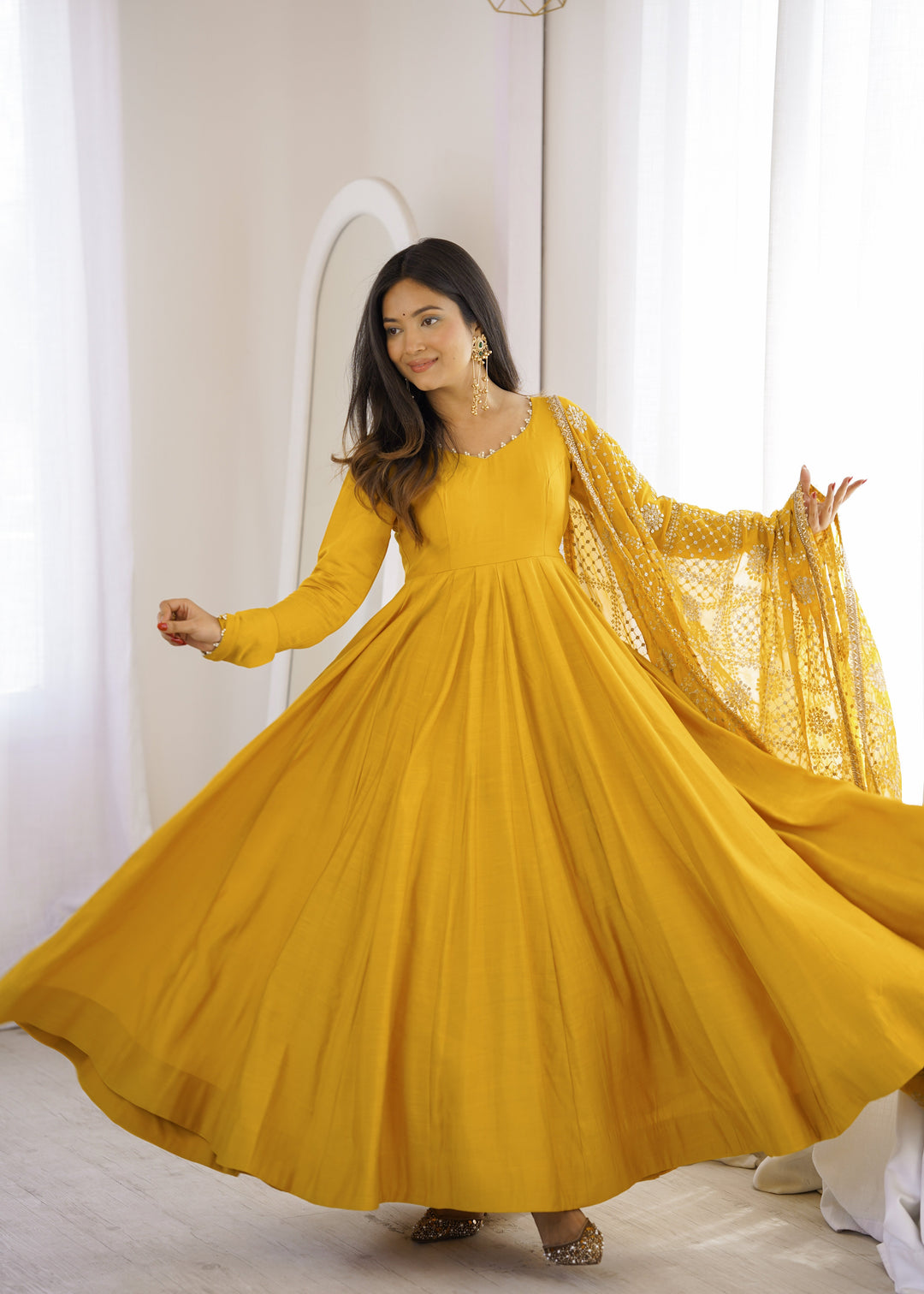 Yellow Roman Silk Anarkali Gown