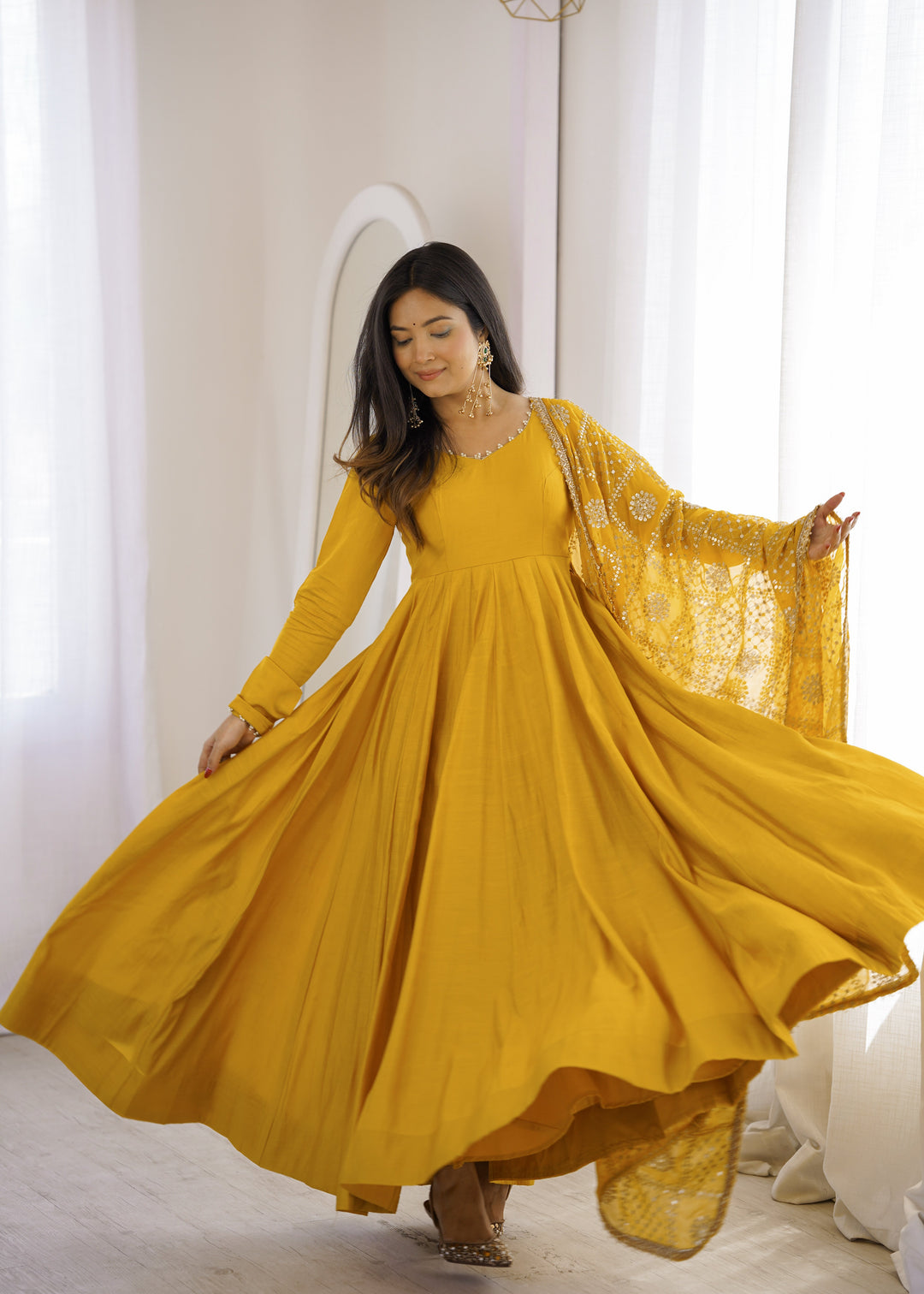 Yellow Roman Silk Anarkali Gown