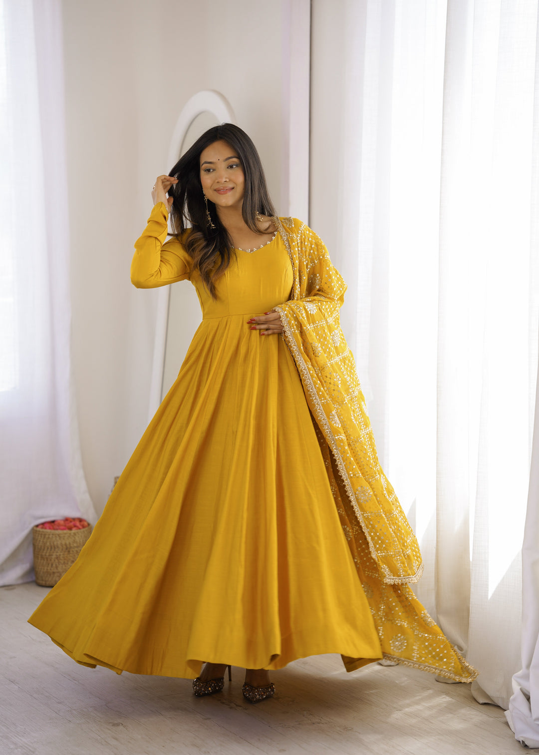 Yellow Roman Silk Anarkali Gown