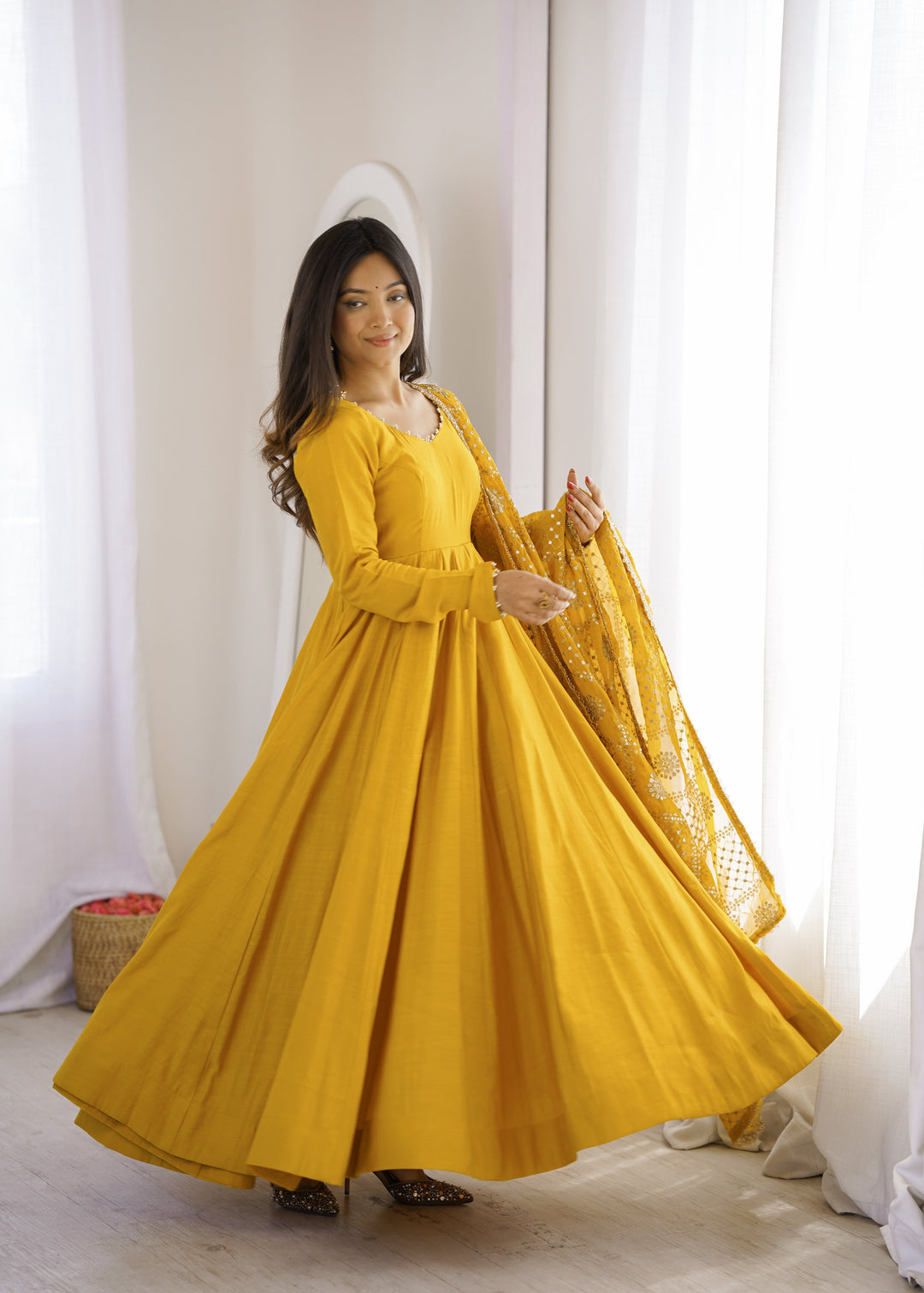 Yellow Roman Silk Anarkali Gown