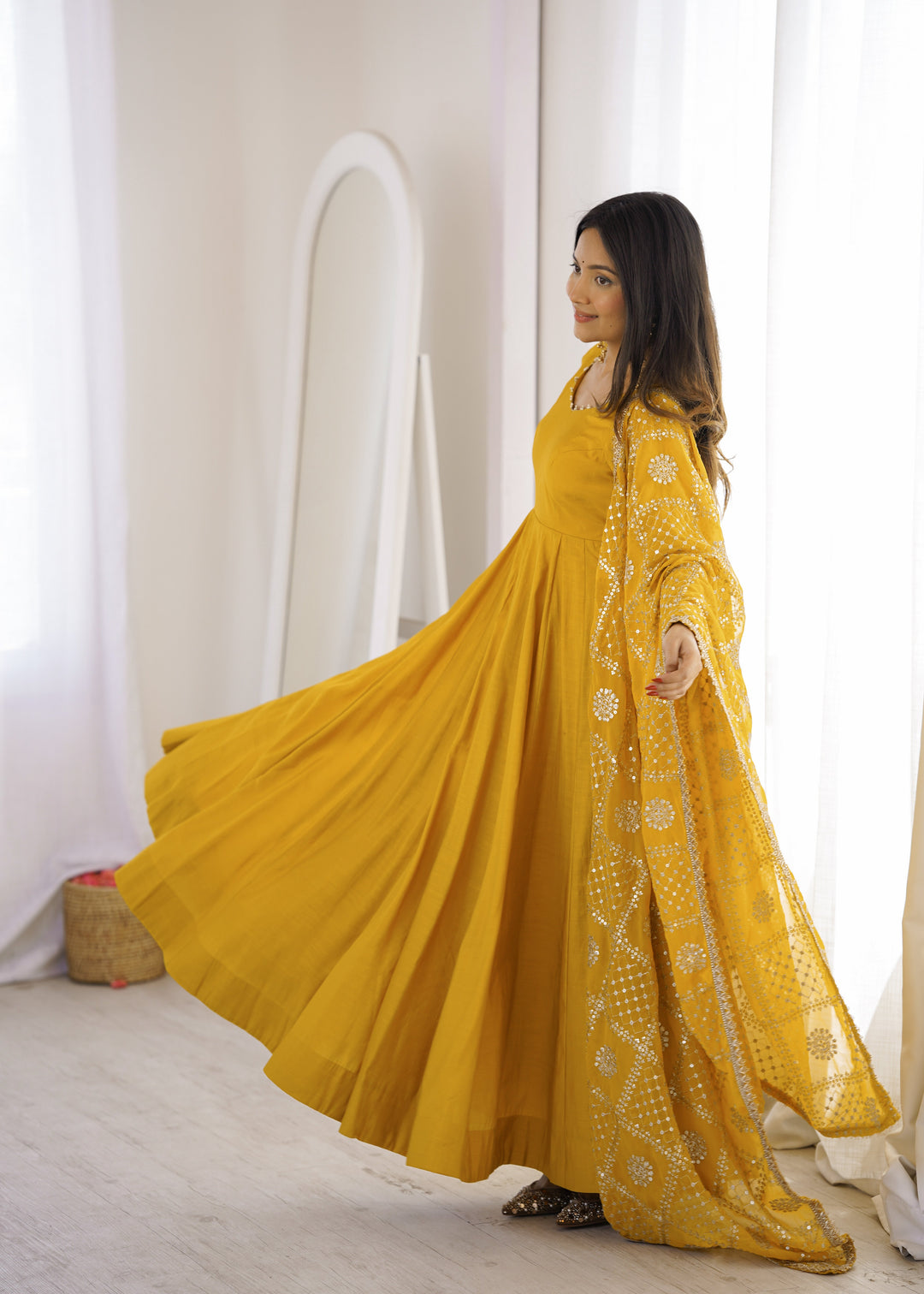 Yellow Roman Silk Anarkali Gown