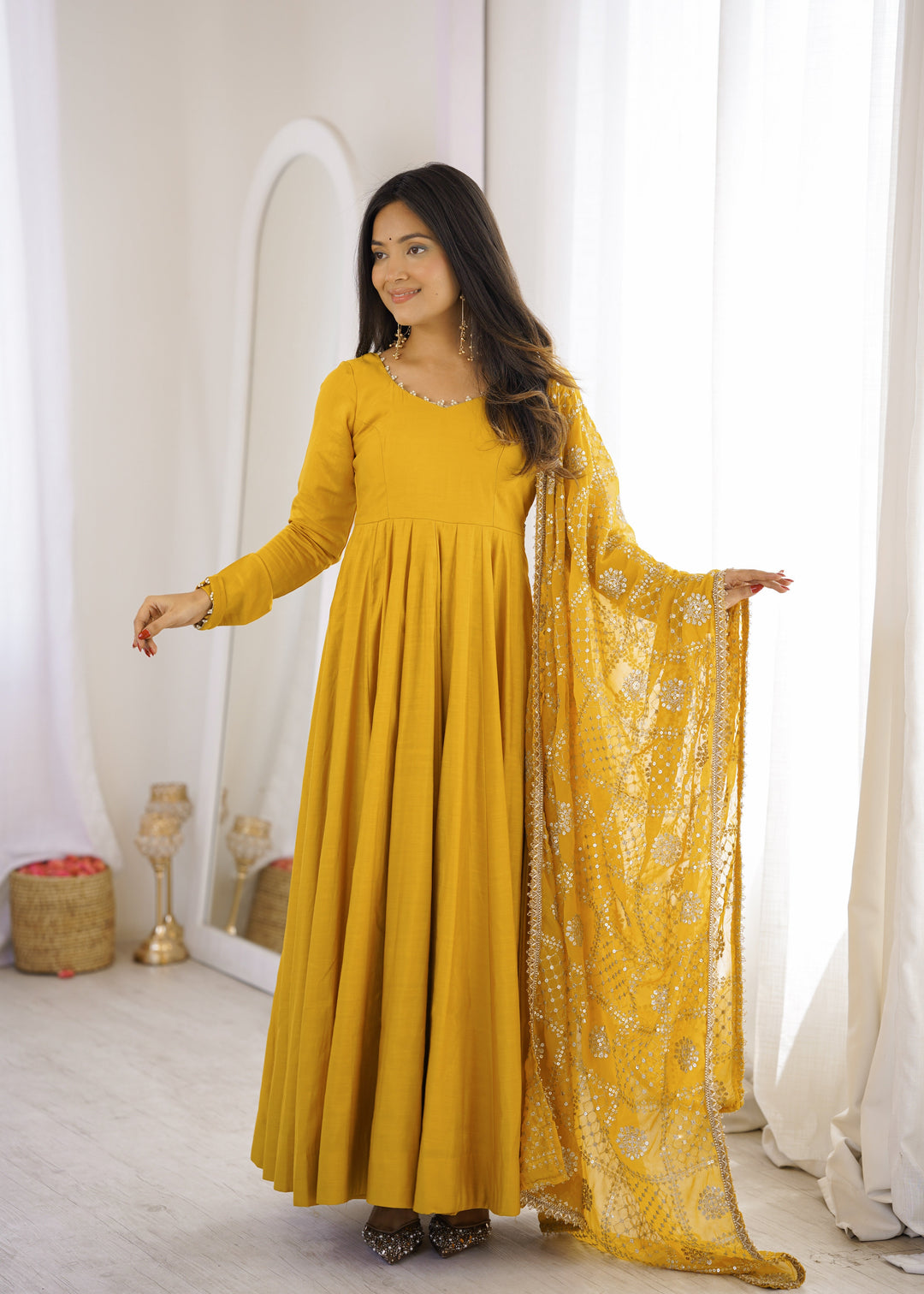 Yellow Roman Silk Anarkali Gown