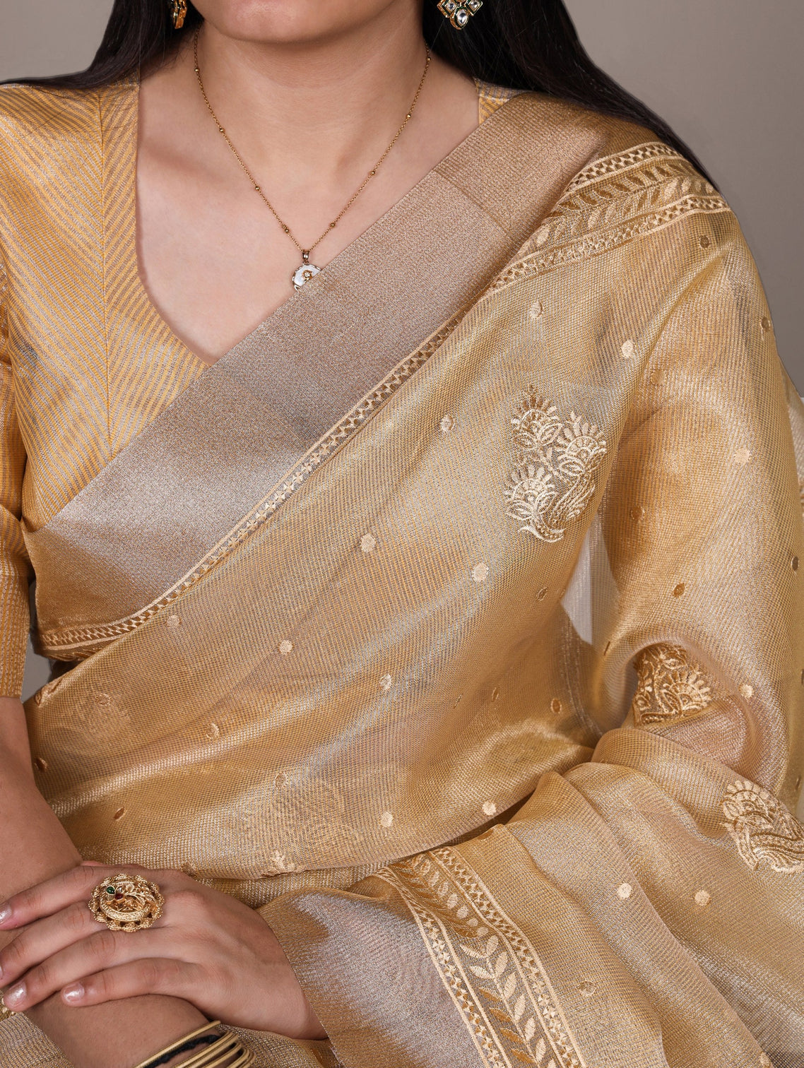 Yellow Rose Gold Poly Shimmer Saree with Elegant Thread Embroidery and Matching Blouse – Unstitched Ensemble