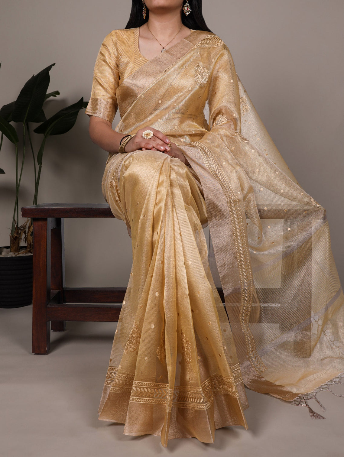 Yellow Rose Gold Poly Shimmer Saree with Elegant Thread Embroidery and Matching Blouse – Unstitched Ensemble