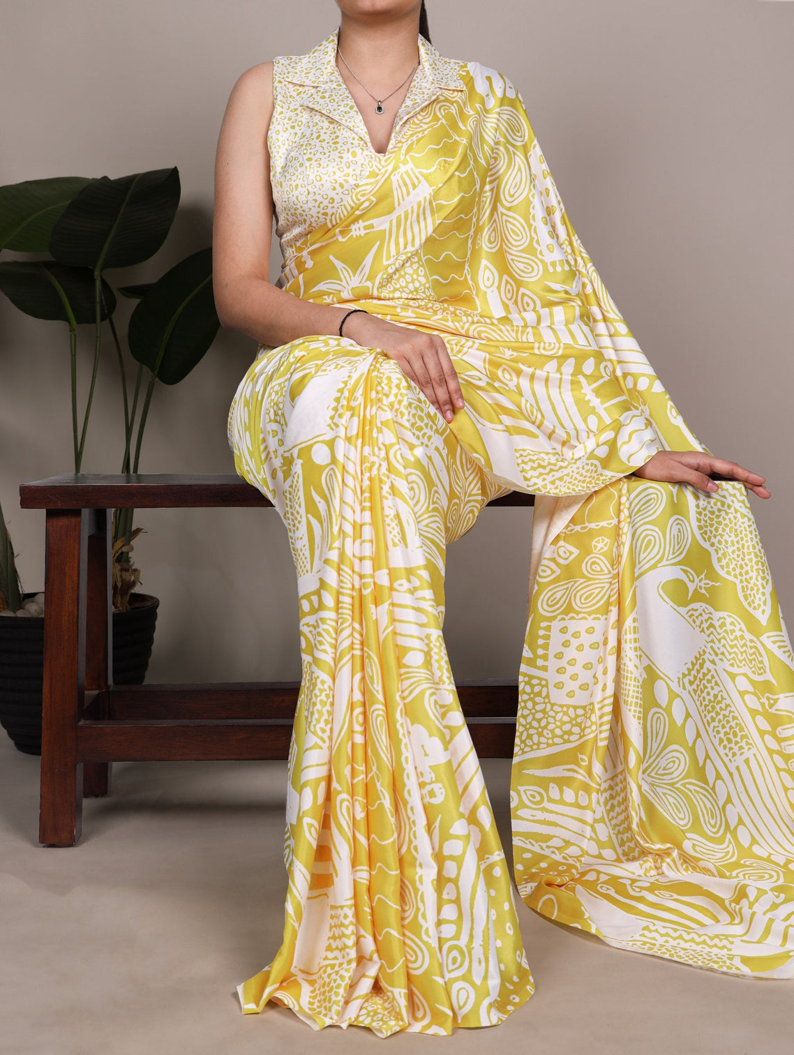 Yellow Satin Silk Printed Saree