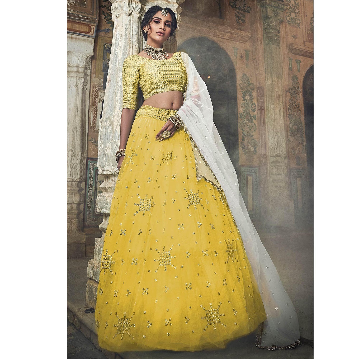 Yellow Sequins Embroidered Net Lehenga Choli