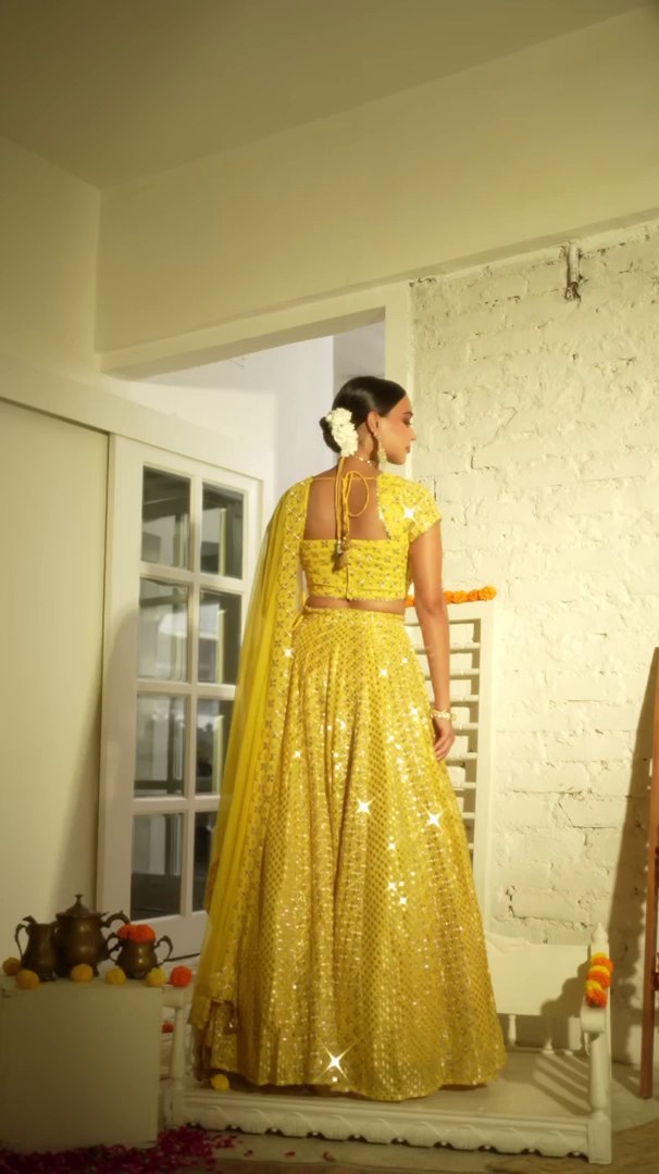Yellow Sequin Embroidered Haldi Lehenga Set