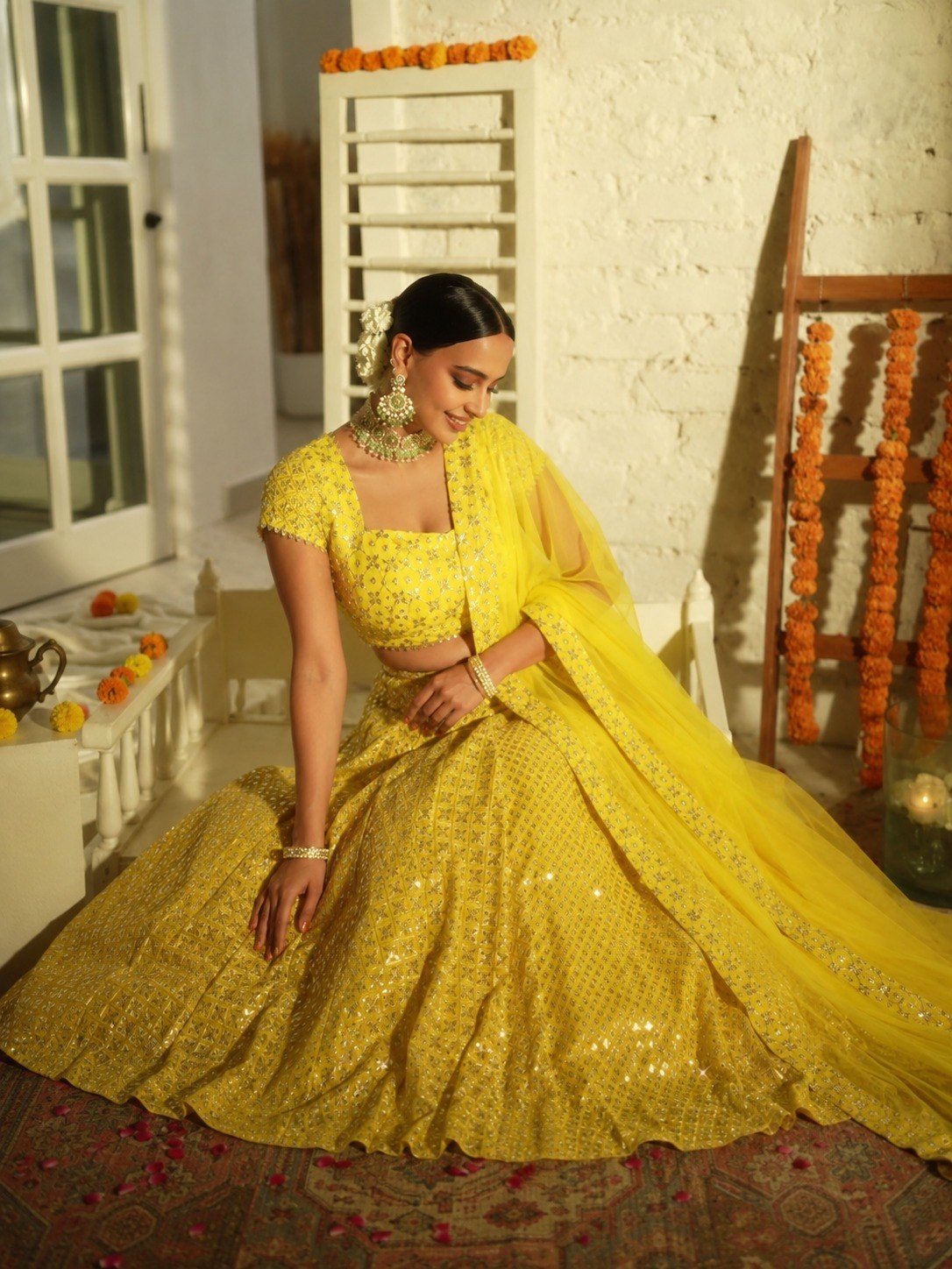 Yellow Sequin Embroidered Haldi Lehenga Set