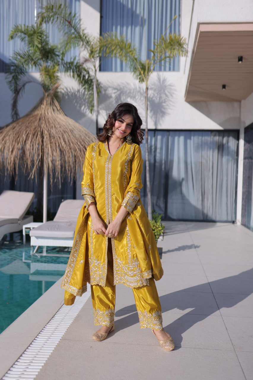 Yellow Sequins & Embroidered Kurti Pant Set