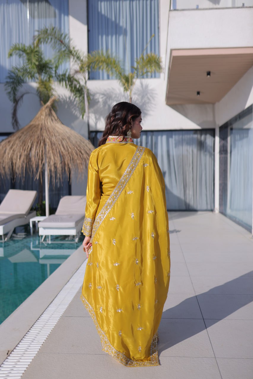 Yellow Sequins & Embroidered Kurti Pant Set