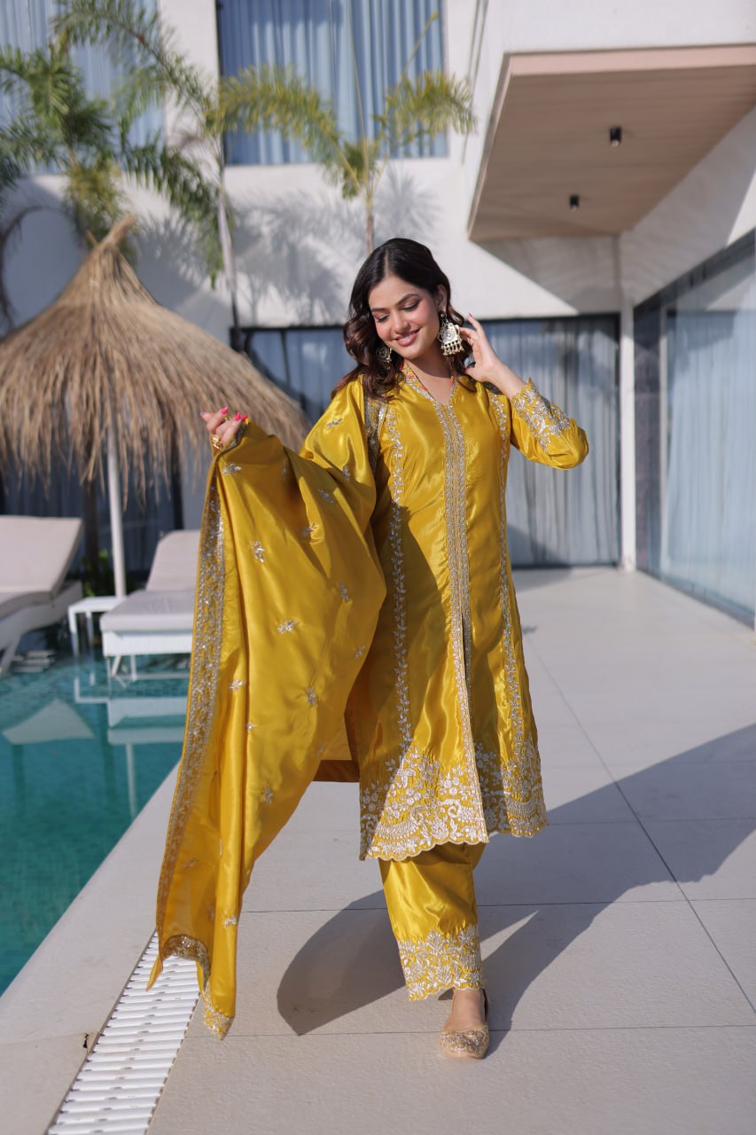 Yellow Sequins & Embroidered Kurti Pant Set
