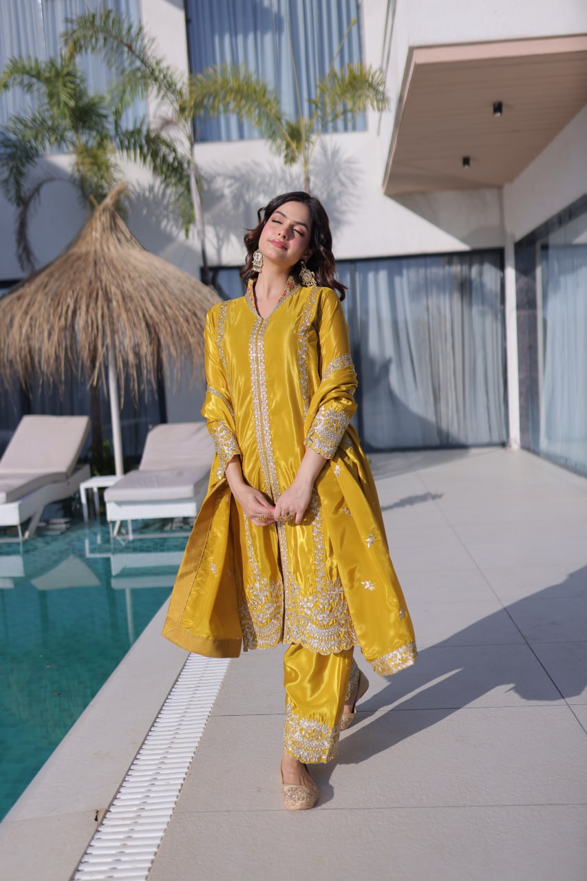 Yellow Sequins & Embroidered Kurti Pant Set