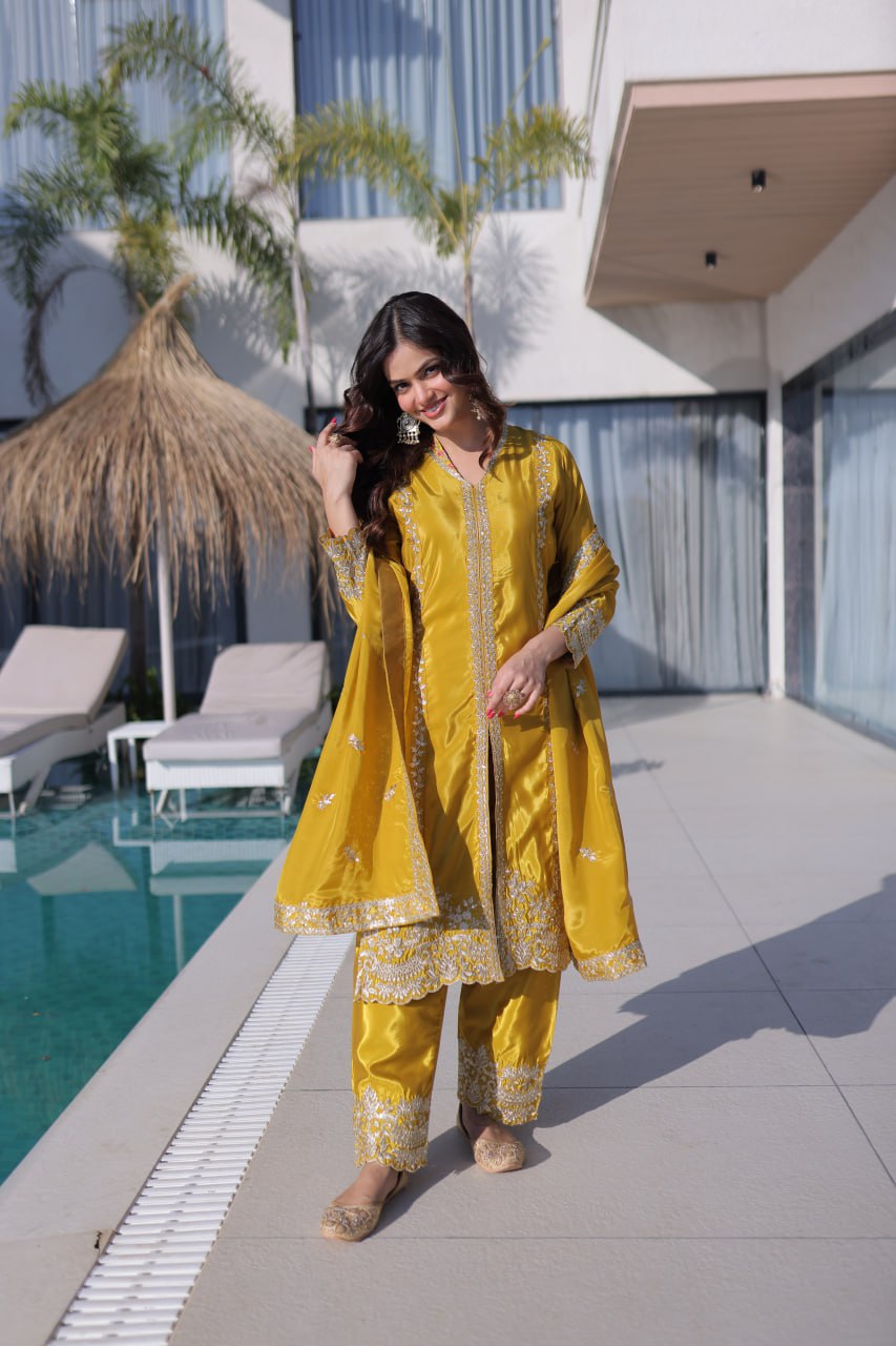Yellow Sequins & Embroidered Kurti Pant Set