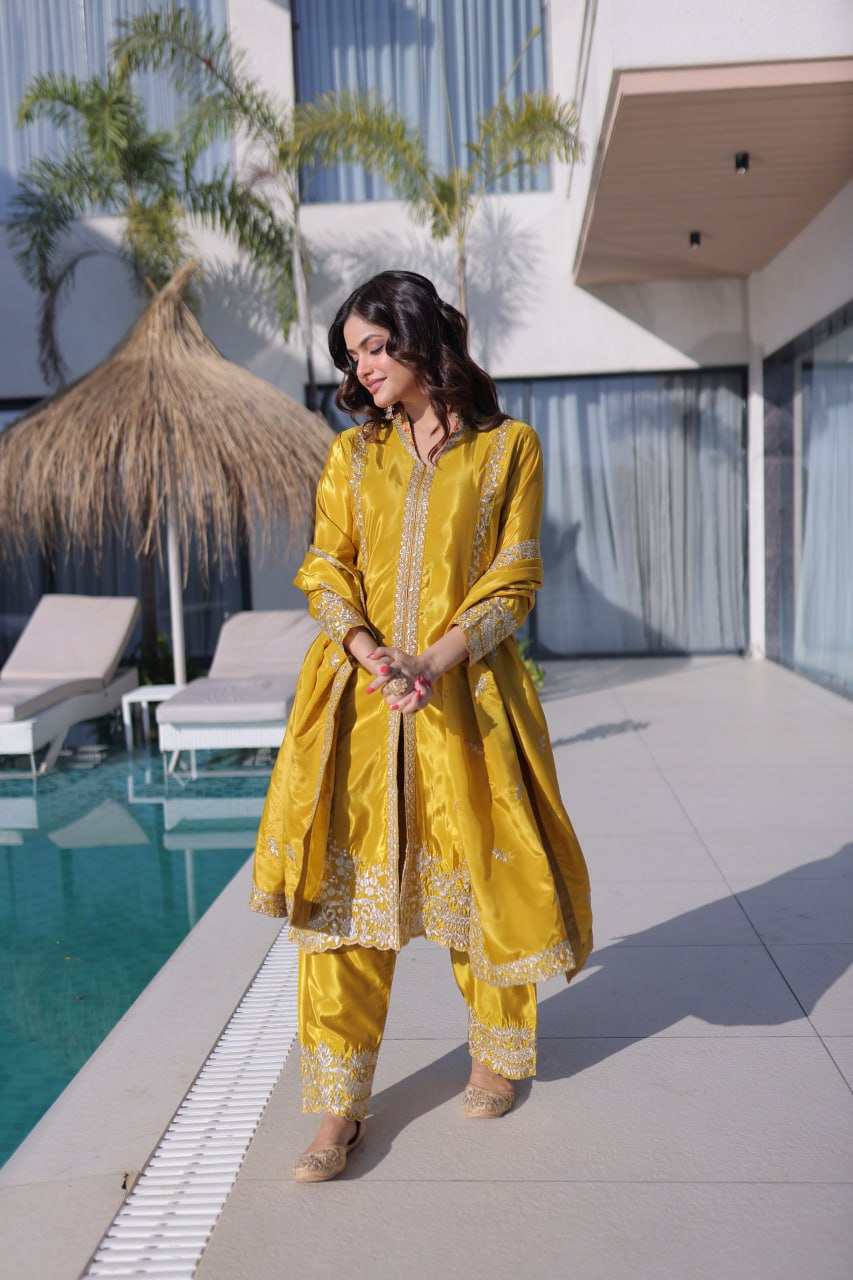 Yellow Sequins & Embroidered Kurti Pant Set