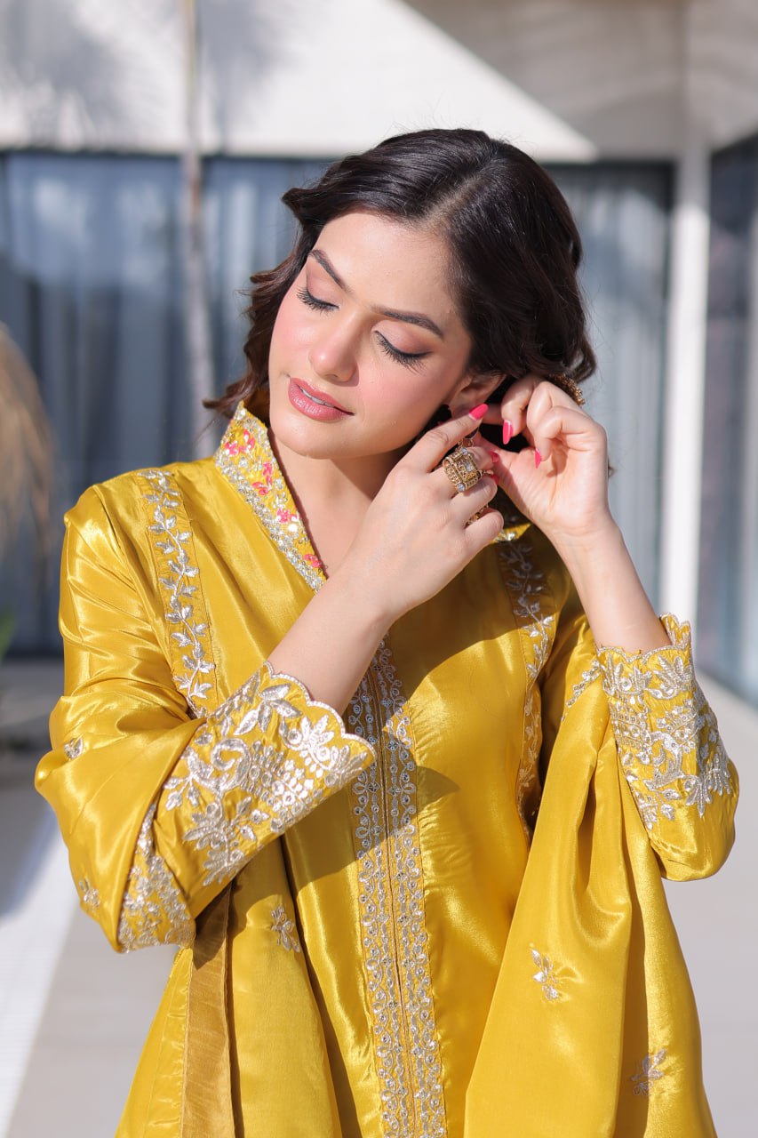 Yellow Sequins & Embroidered Kurti Pant Set