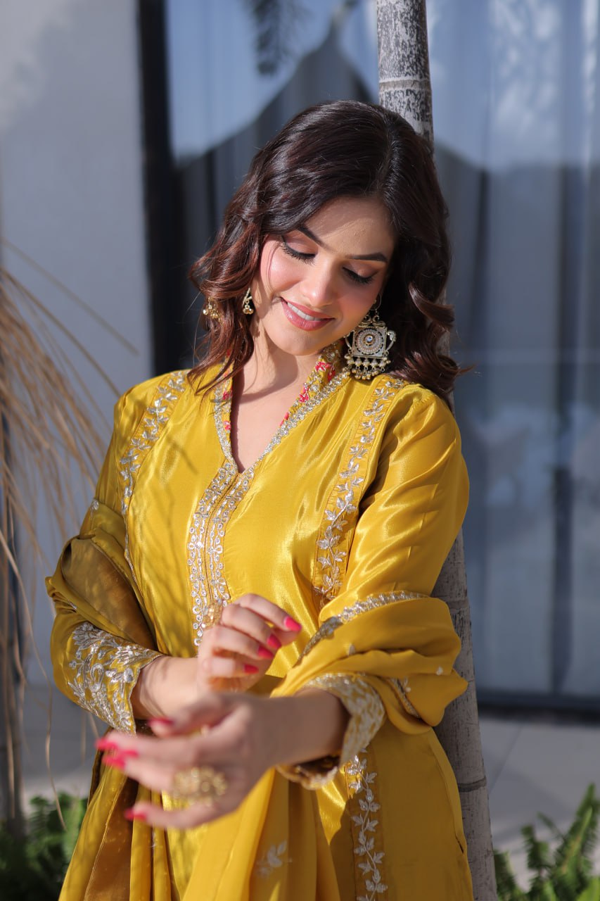 Yellow Sequins & Embroidered Kurti Pant Set