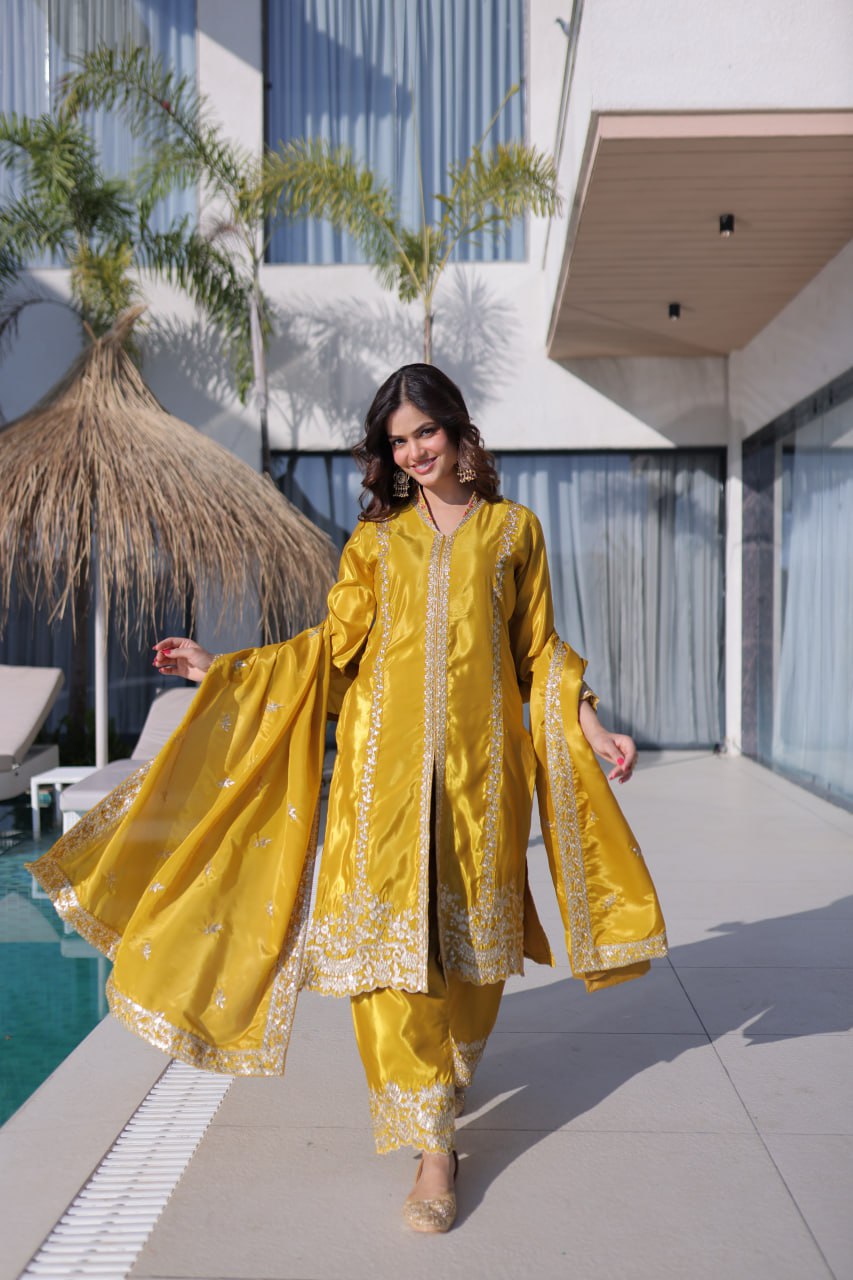 Yellow Sequins & Embroidered Kurti Pant Set