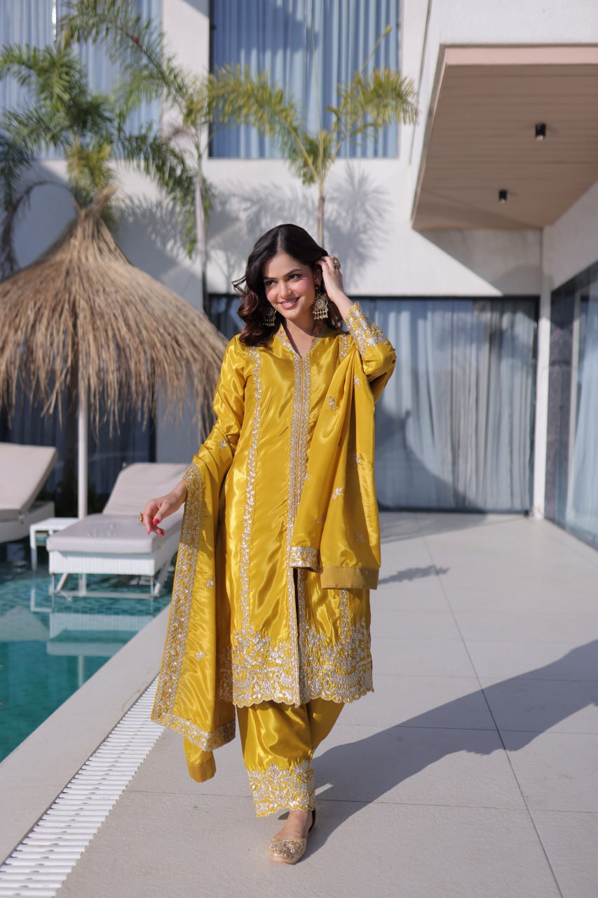 Yellow Sequins & Embroidered Kurti Pant Set