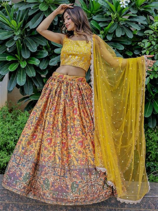 Yellow Silk Embroidered and Printed lehenga choli