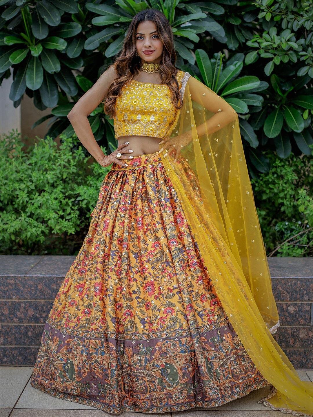 Yellow Silk Embroidered and Printed lehenga choli