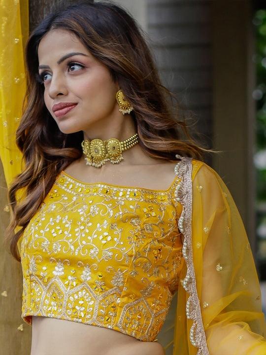 Yellow Silk Embroidered and Printed lehenga choli