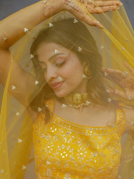 Yellow Silk Embroidered and Printed lehenga choli