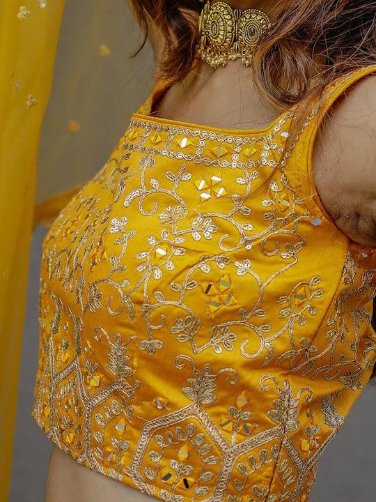 Yellow Silk Embroidered and Printed lehenga choli