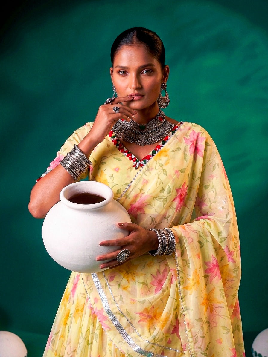 Yellow Silk Floral Printed Lehenga
