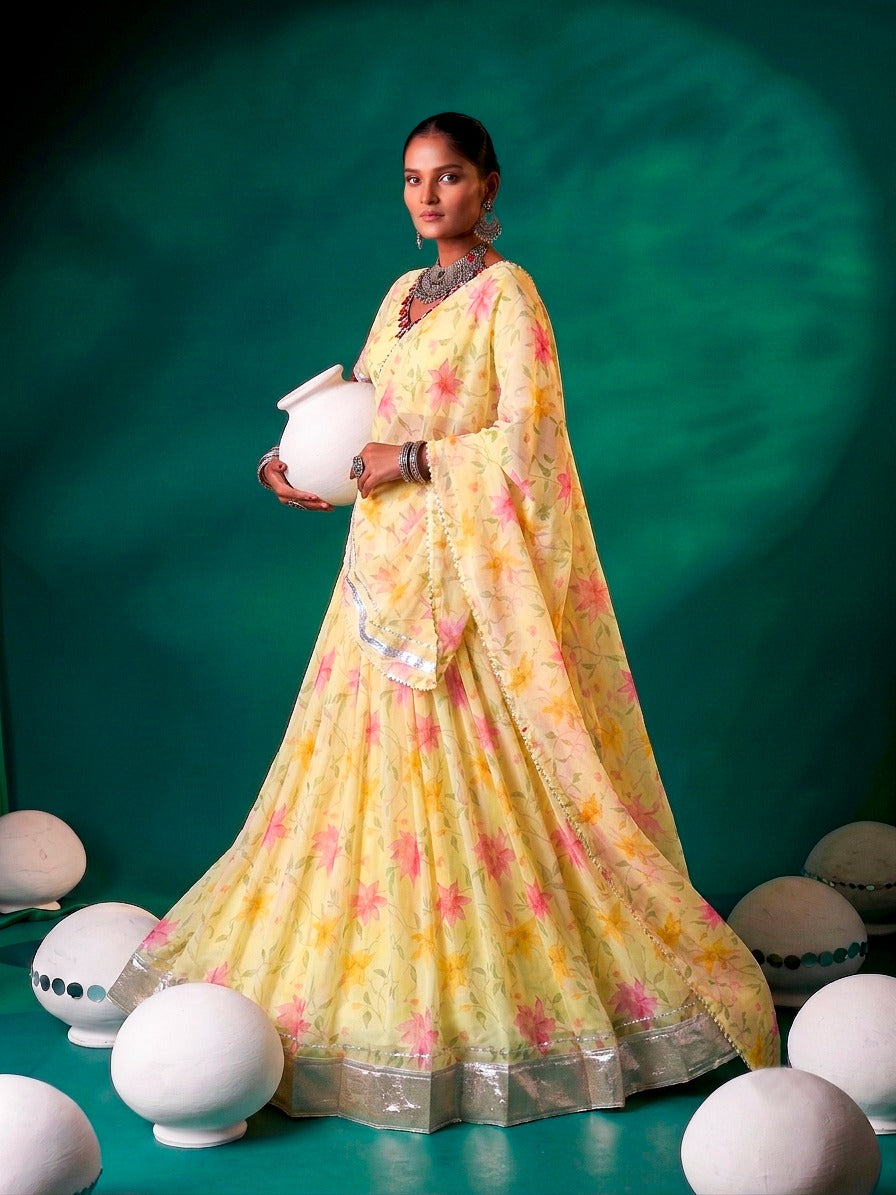 Yellow Silk Floral Printed Lehenga