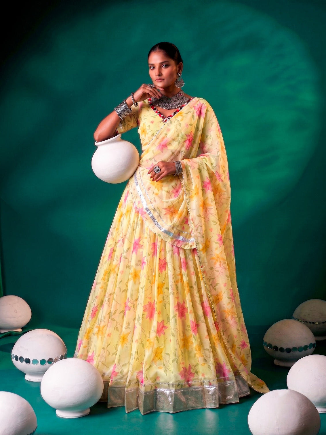 Yellow Silk Floral Printed Lehenga