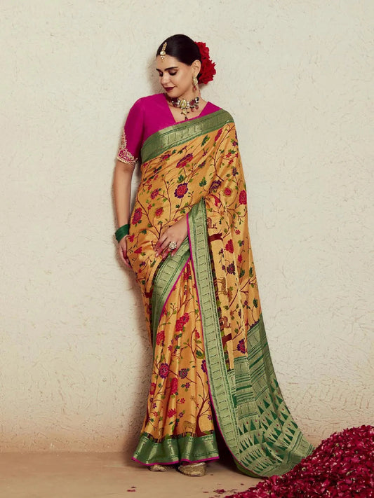 Yellow Silk Saree with Pink Embroidered Dhupian Silk Blouse  for Any Occasion