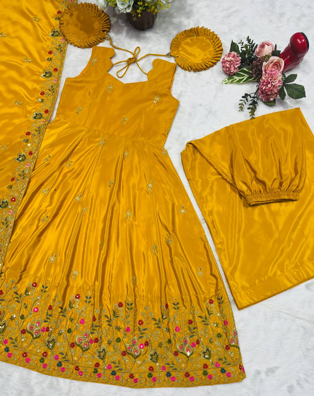 Yellow Silk Sequins Embroidered Gown Palazzo Set
