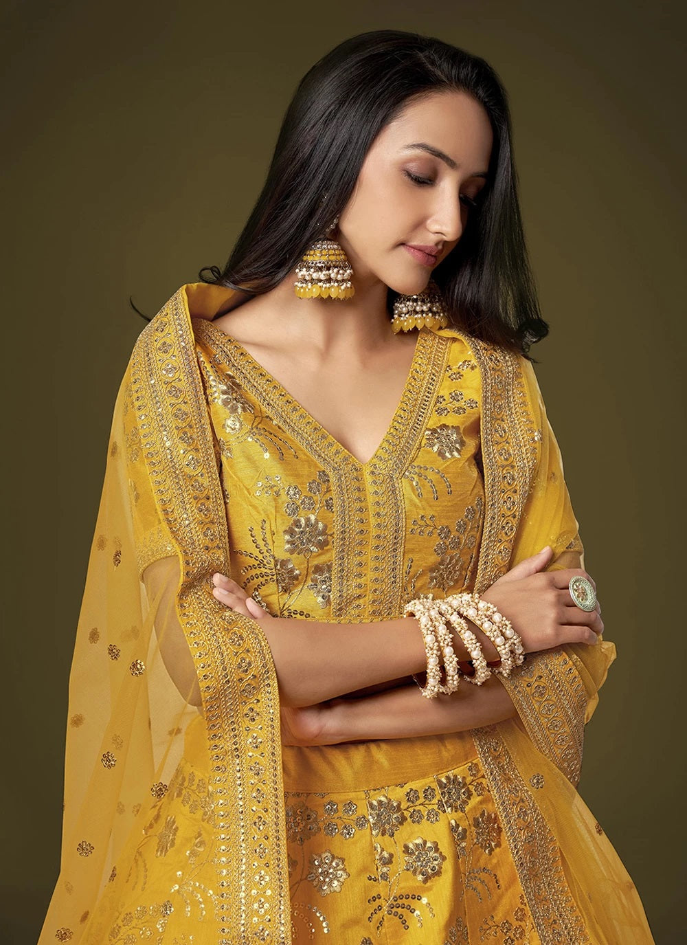 Yellow silk sequins embroidery party wear lehenga