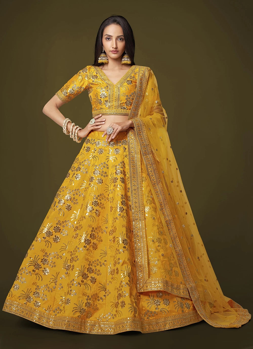 Yellow silk sequins embroidery party wear lehenga