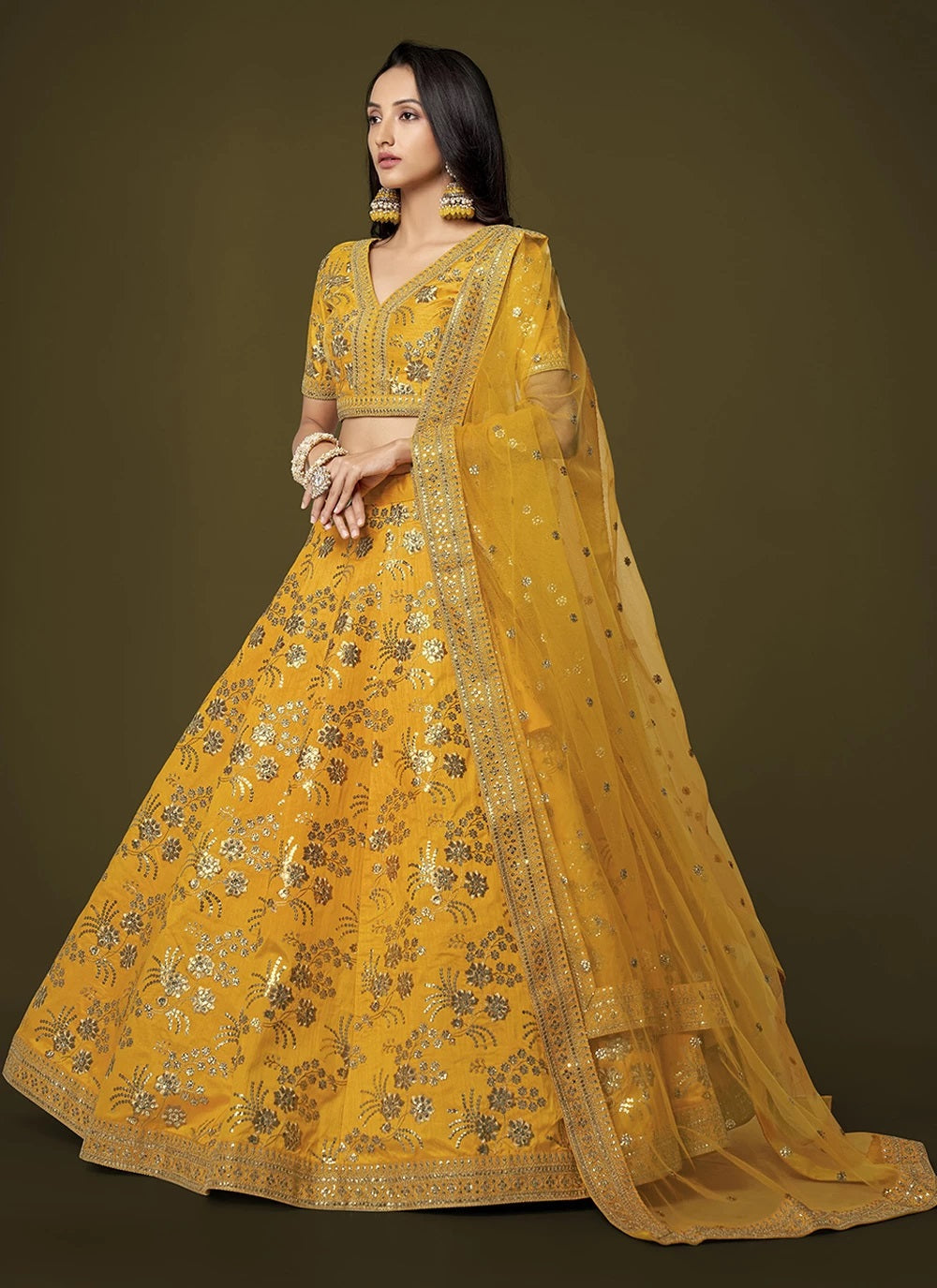 Yellow silk sequins embroidery party wear lehenga