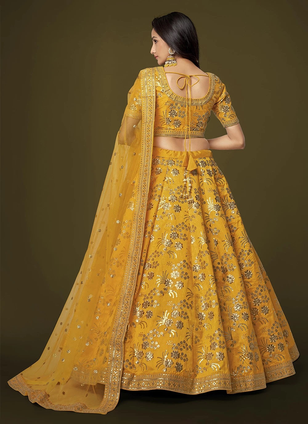 Yellow silk sequins embroidery party wear lehenga