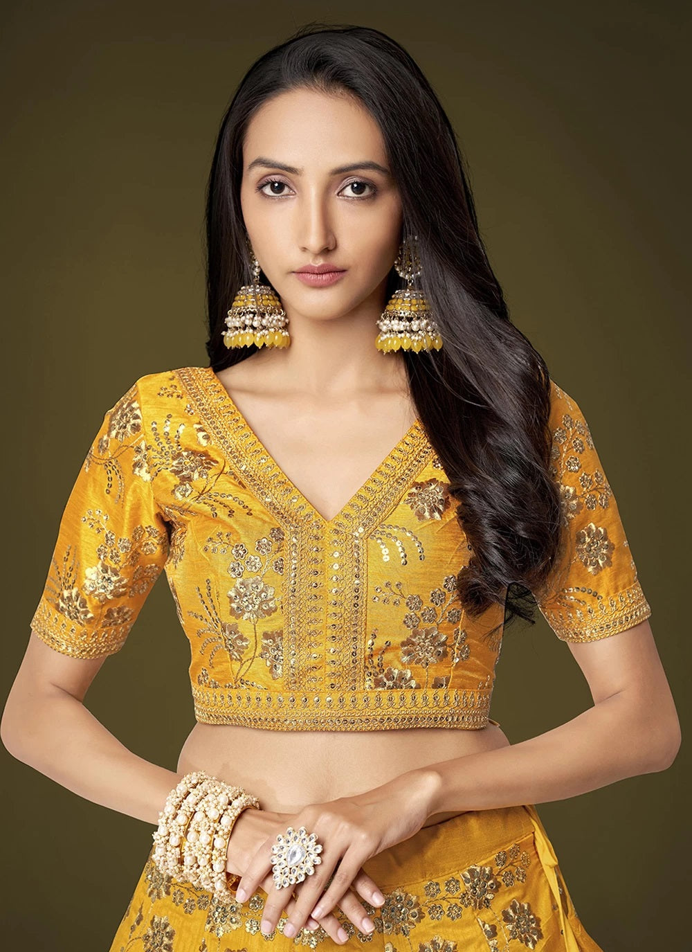 Yellow silk sequins embroidery party wear lehenga