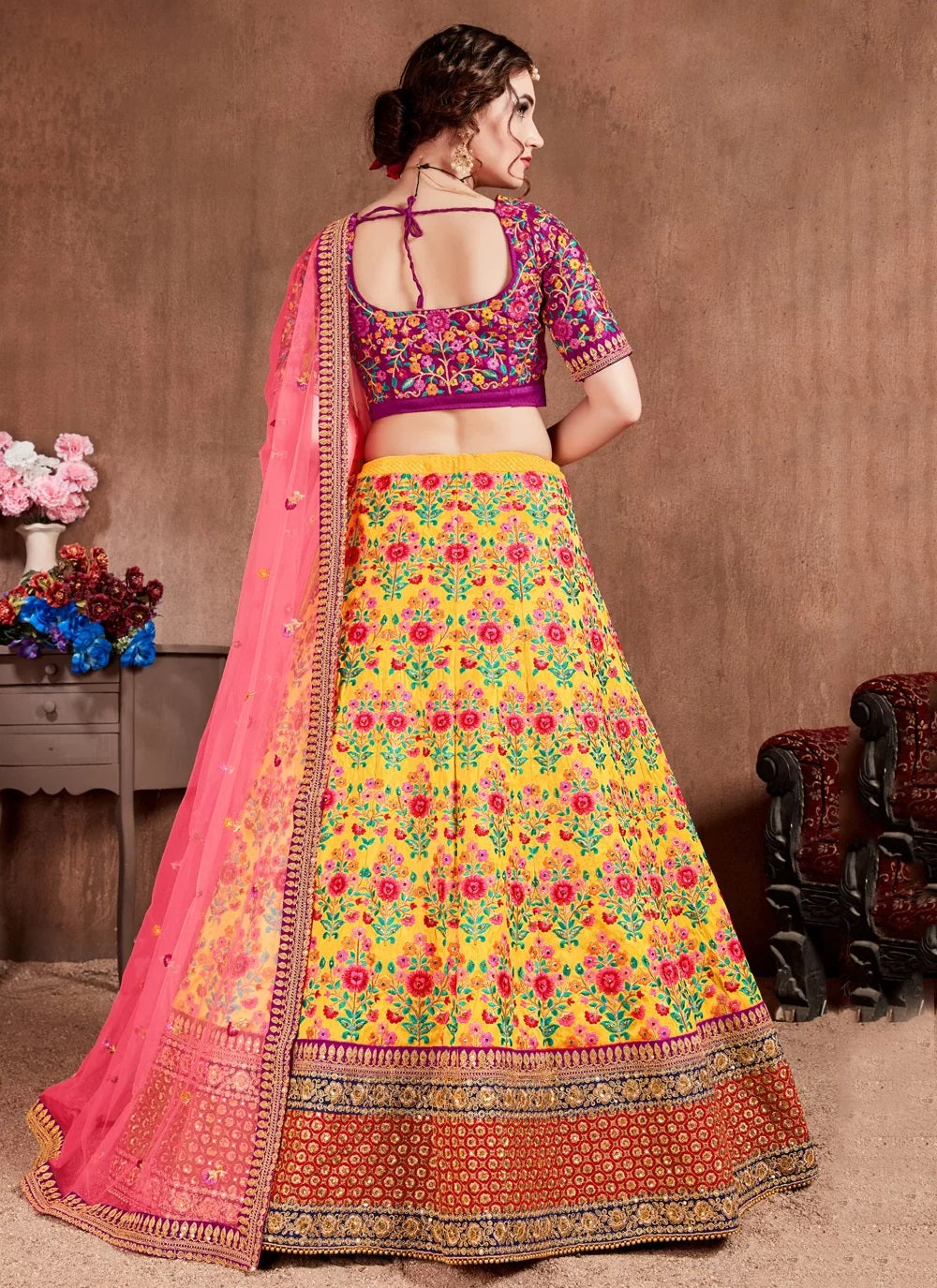 Yellow silk zari work party wear lehenga
