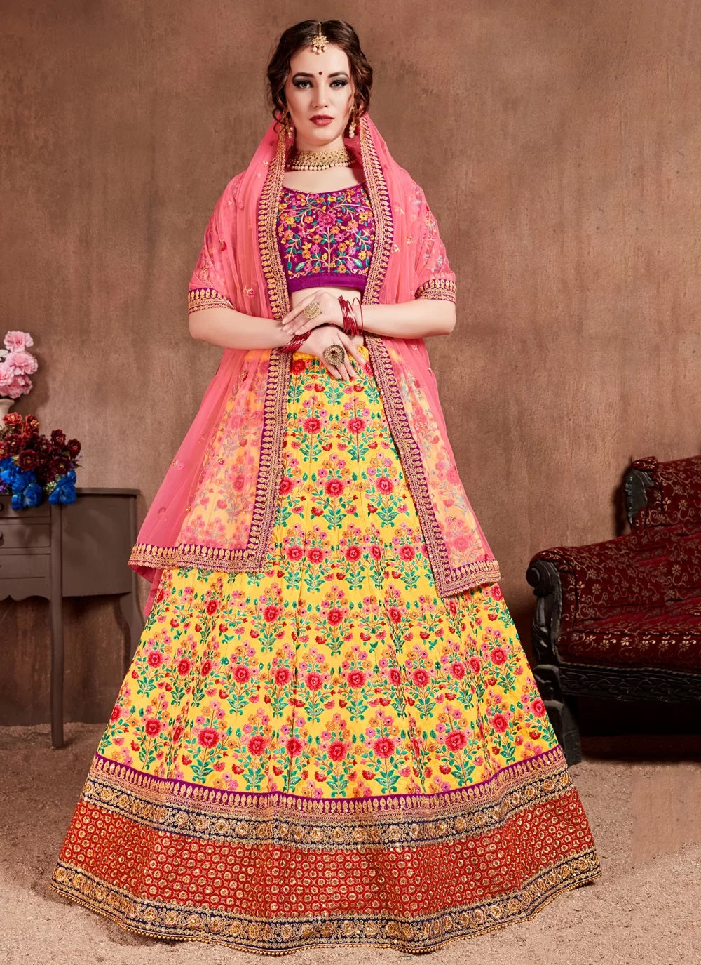 Yellow silk zari work party wear lehenga