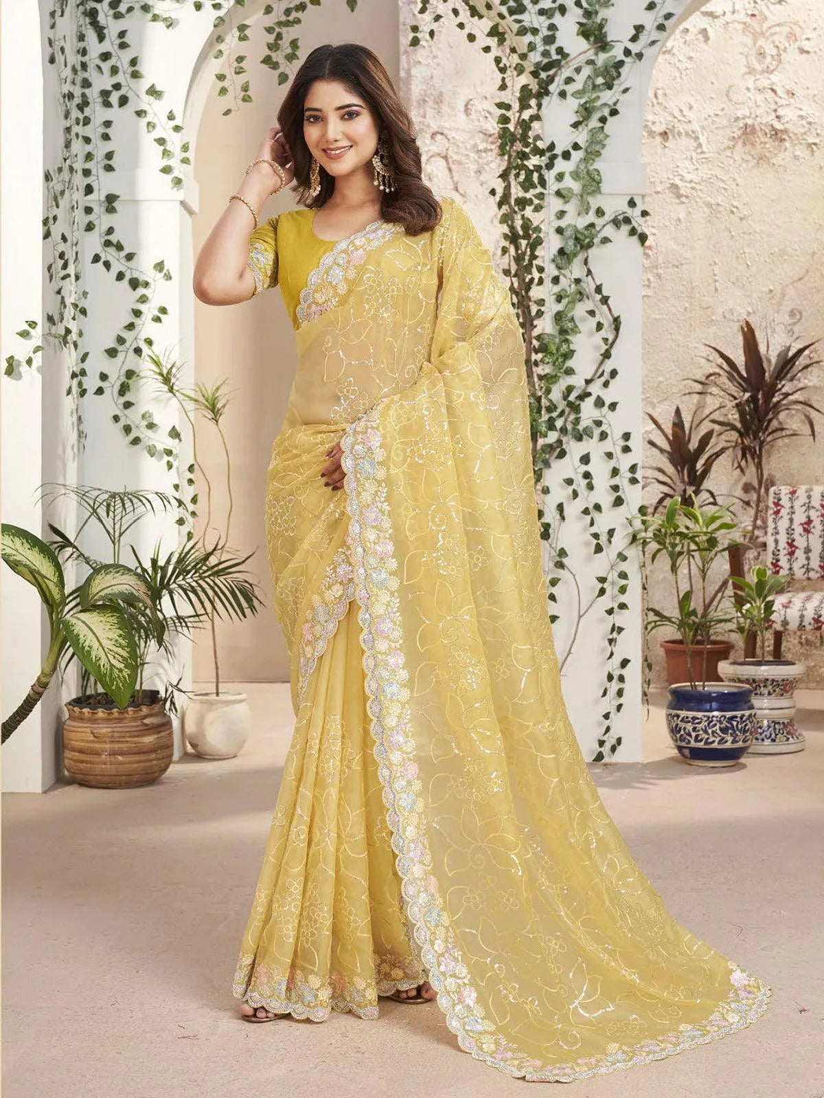 Yellow Soft Crystal Silk Weeding Wear Saree with Embroidered Blouse