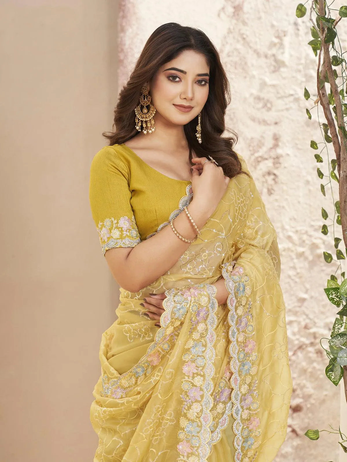 Yellow Soft Crystal Silk Weeding Wear Saree with Embroidered Blouse