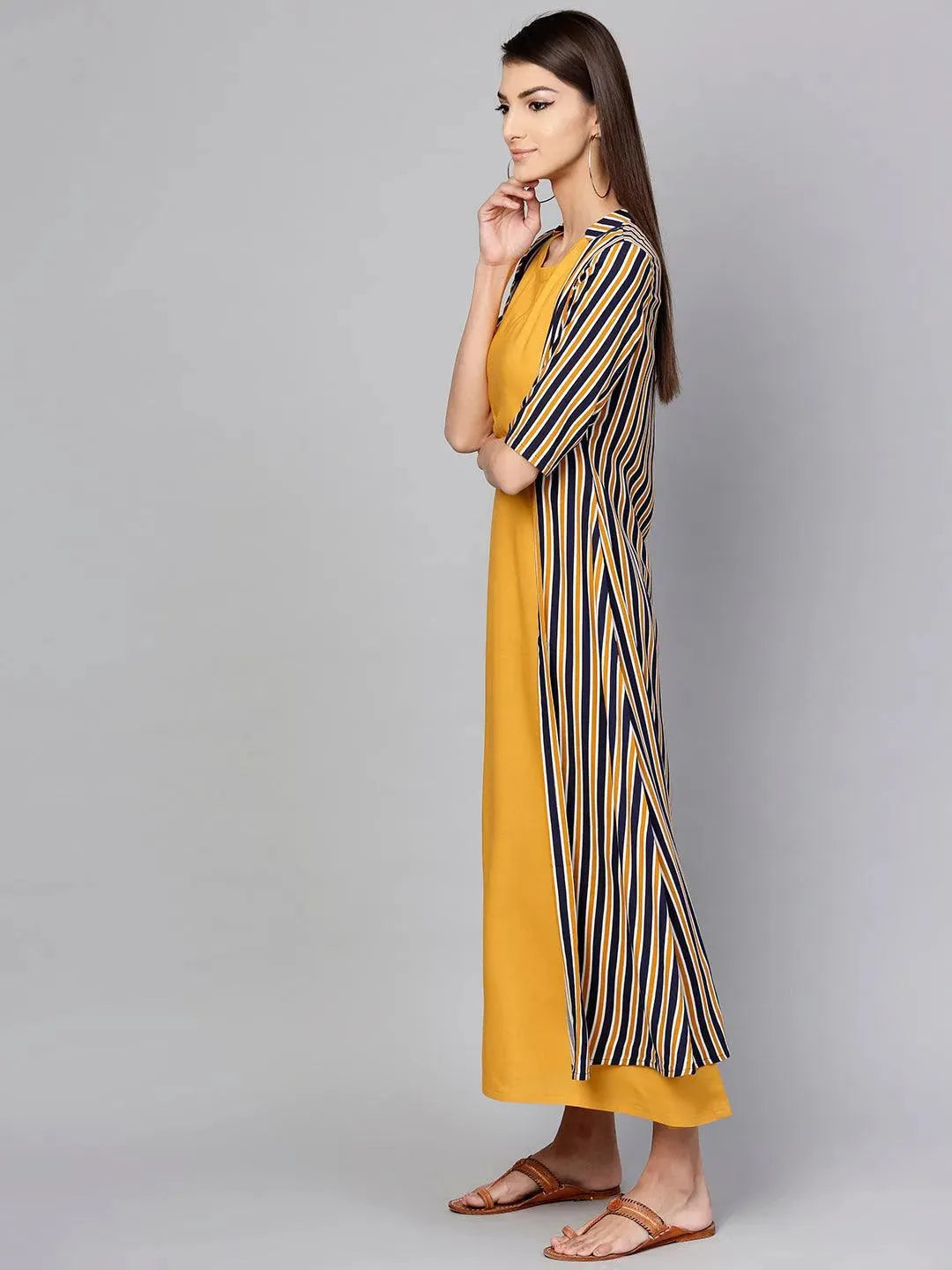 Libas Yellow Striped Rayon Dress With Jacket