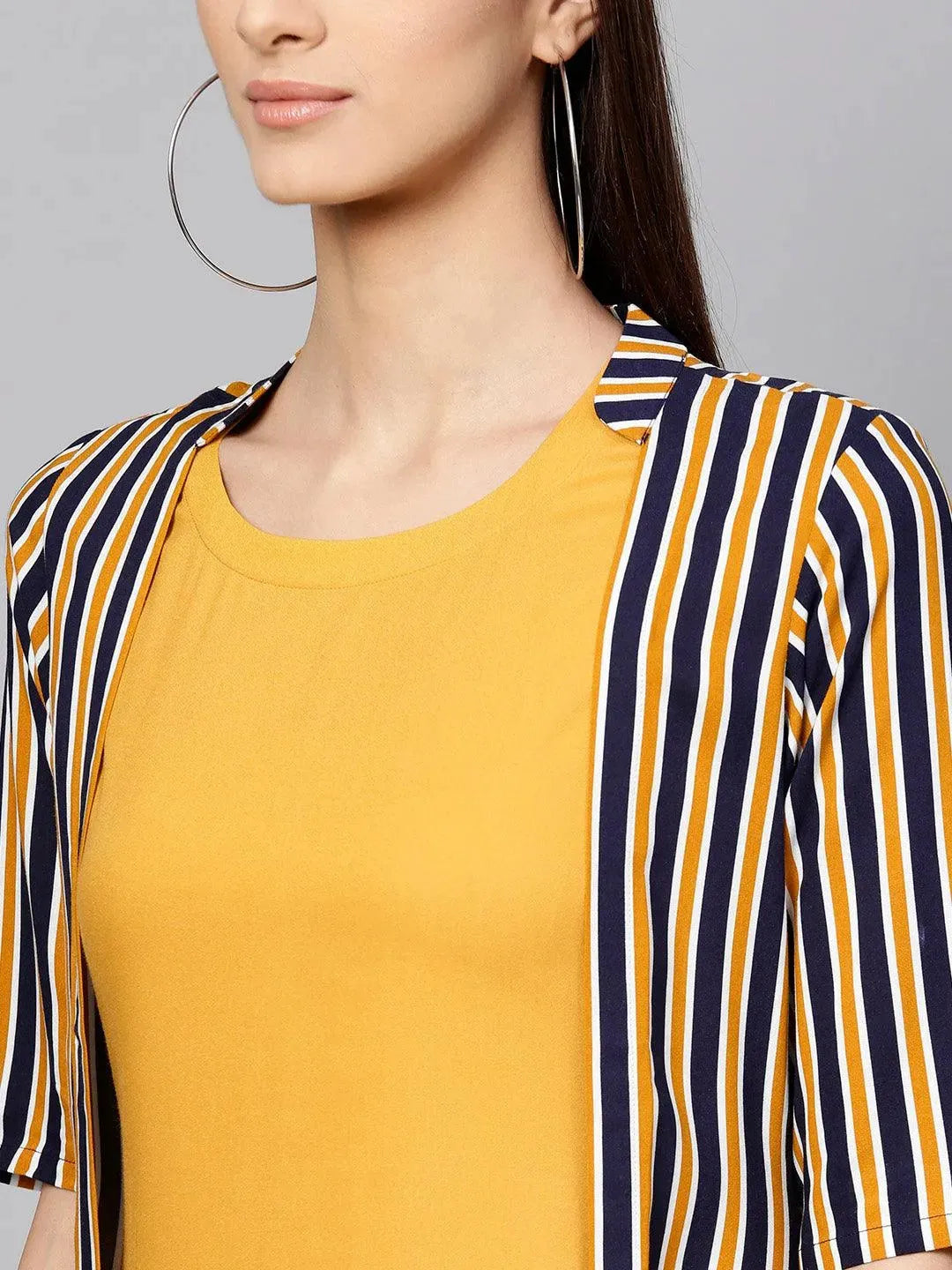 Libas Yellow Striped Rayon Dress With Jacket