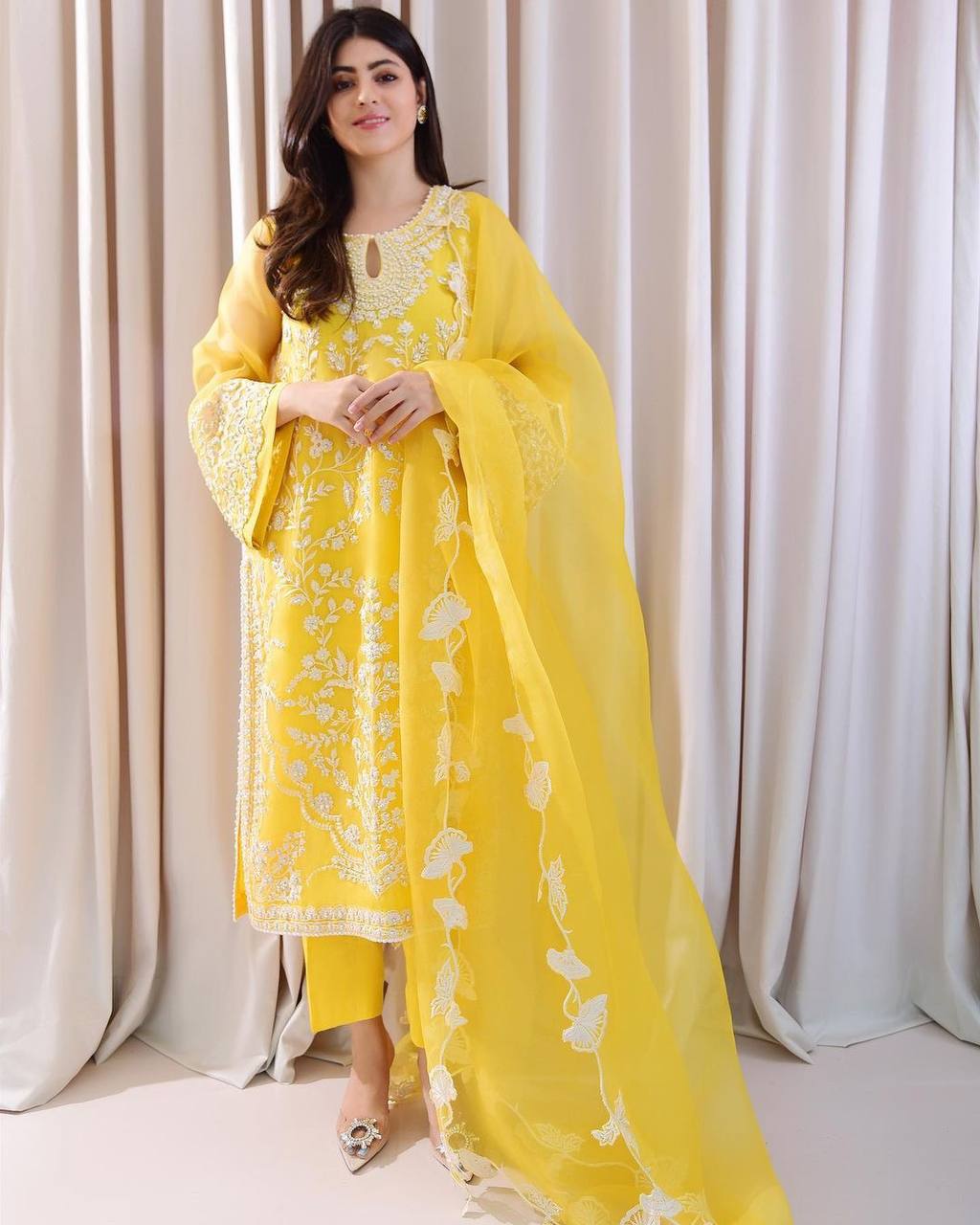 Yellow Stunning Party Wear Top, Bottom & Dupatta Set with Elegant Embroidery