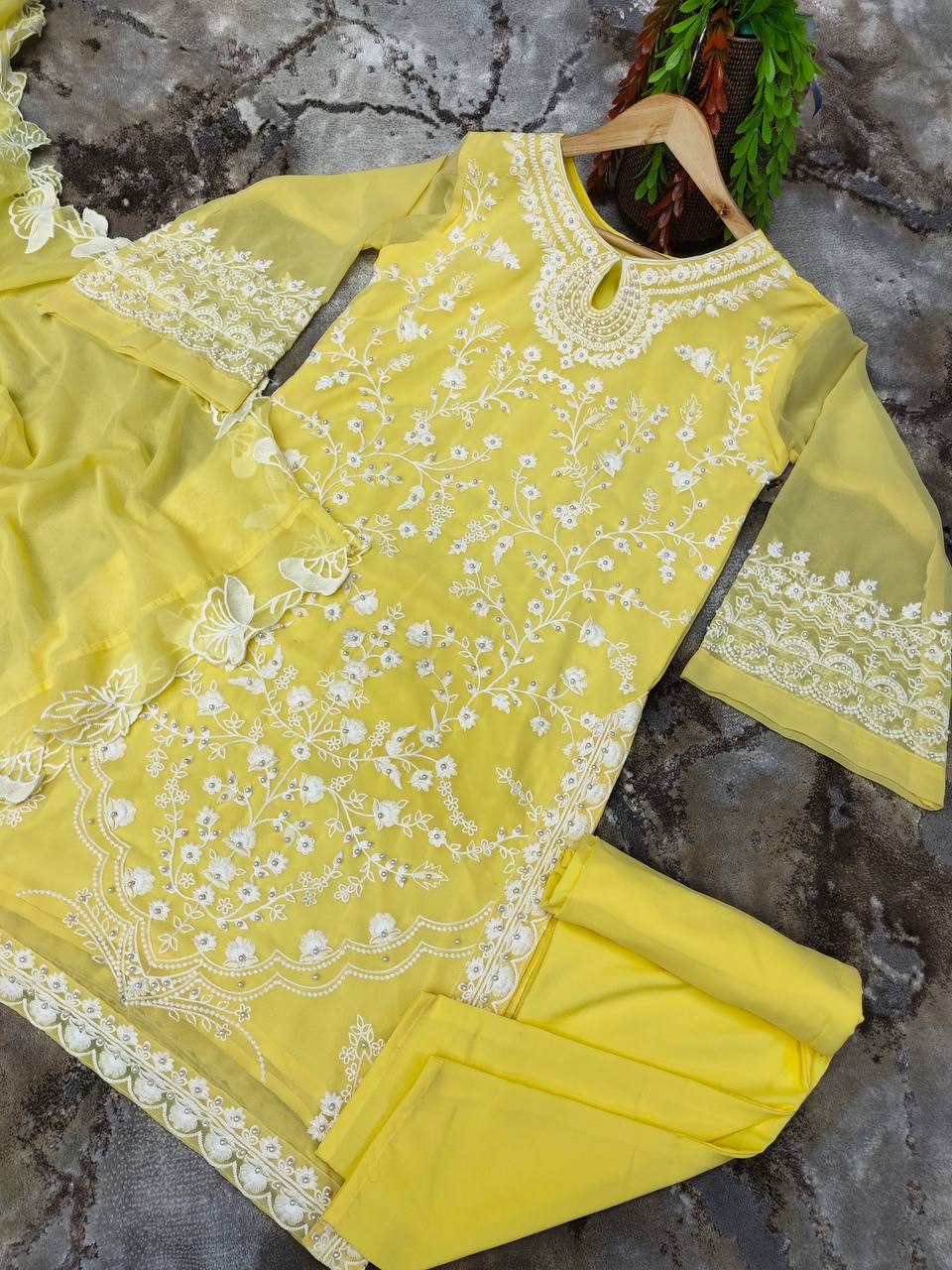 Yellow Stunning Party Wear Top, Bottom & Dupatta Set with Elegant Embroidery
