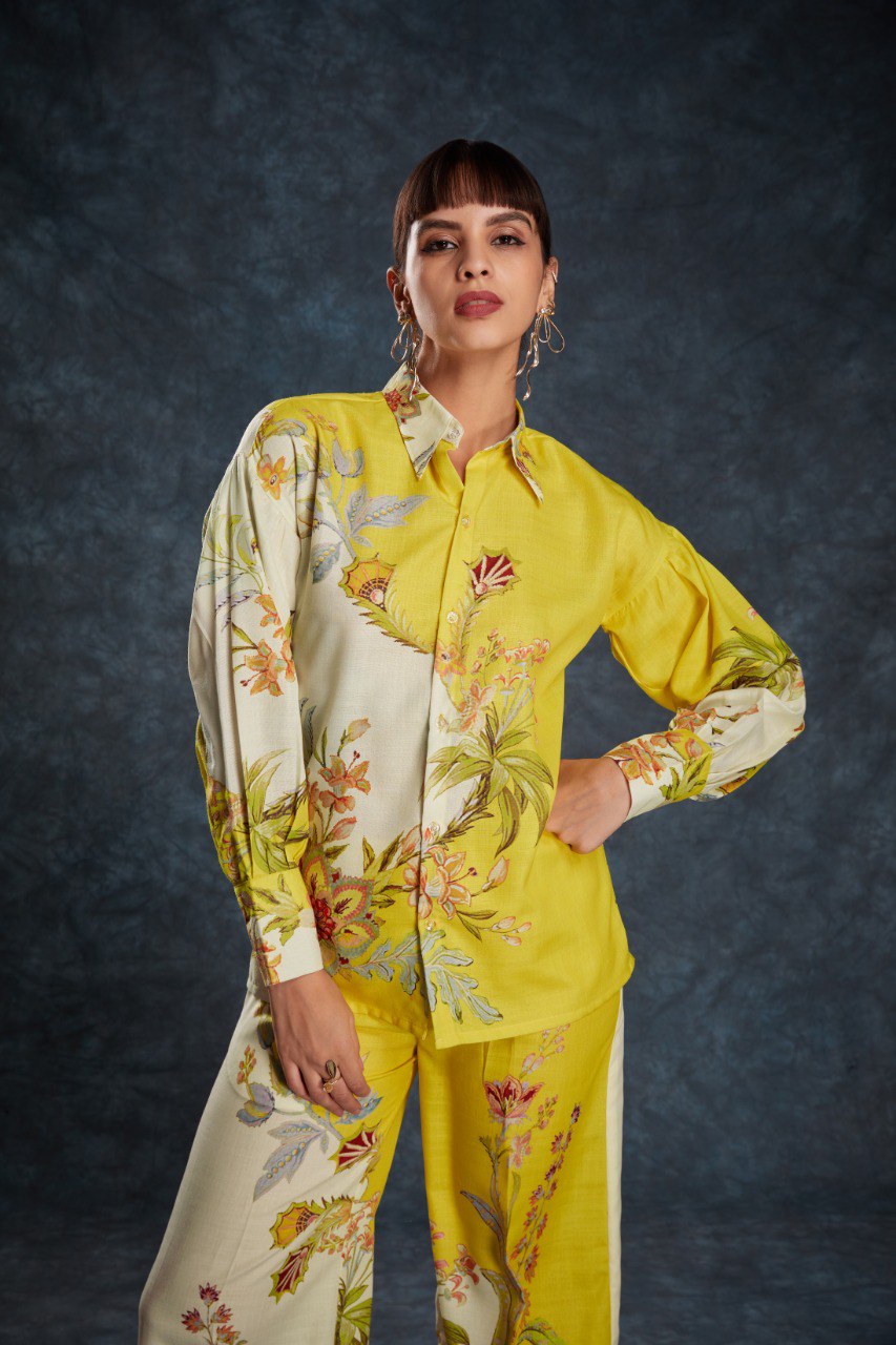 Yellow Sunshine Printed Linen Co-Ord Set Top & Pant