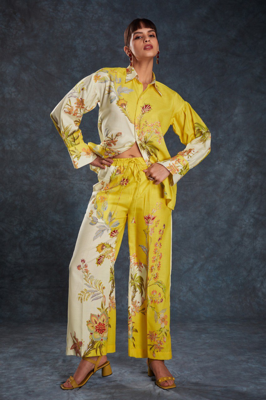 Yellow Sunshine Printed Linen Co-Ord Set Top & Pant