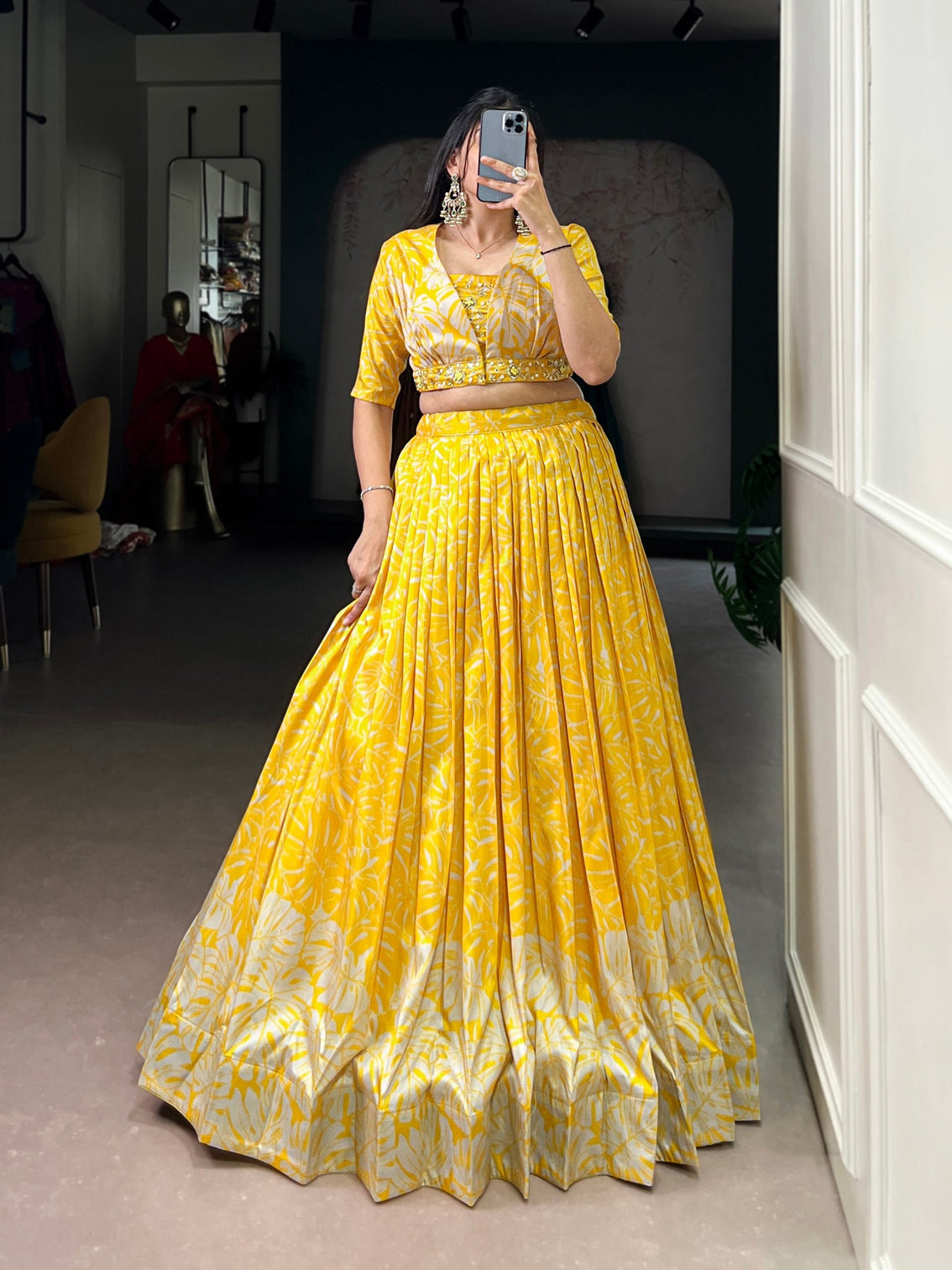 Yellow Tasar Silk Printed Lehenga Choli with Handwork Blouse & Koti – 4-Meter Flair Stitched Lehenga with Canvas Support & Adjustable Stitched Blouse + Jacket